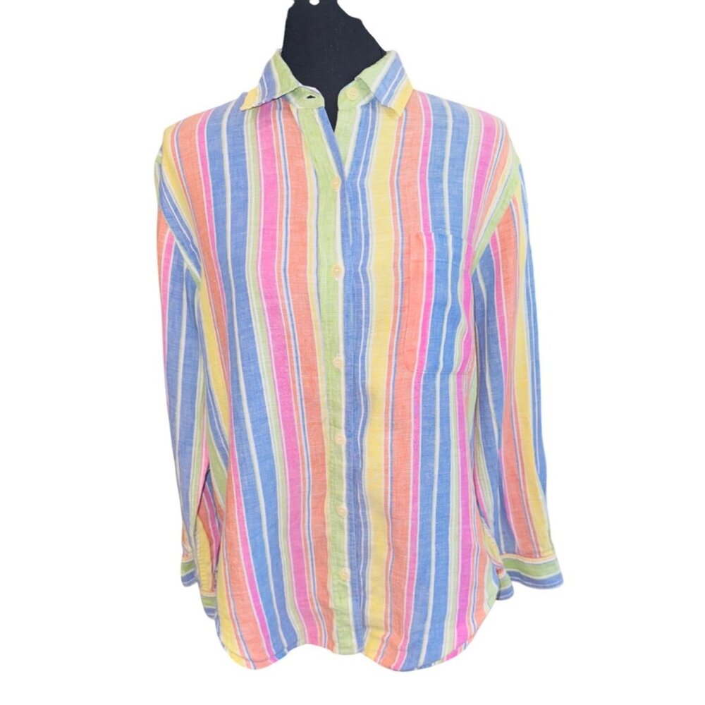Jones New York 100% Linen Multicolor Striped Button-Up Shirt M Money Sustainable